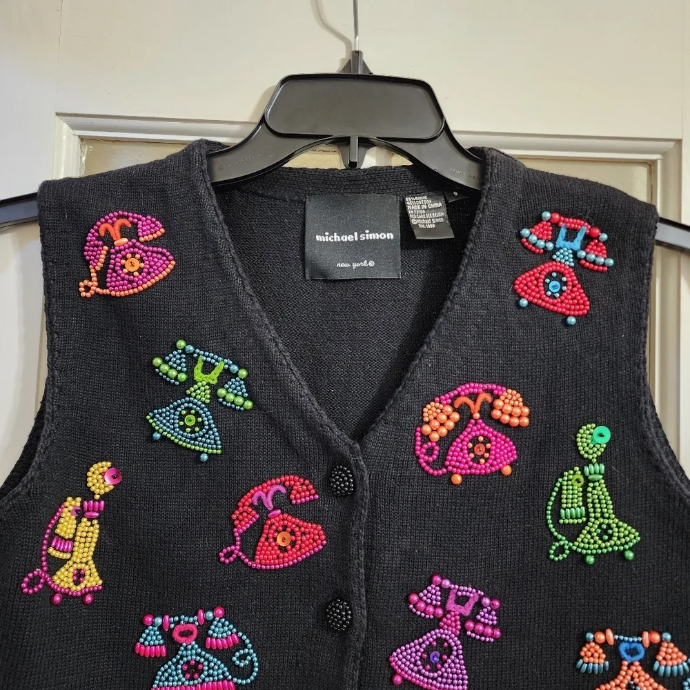 Vintage Michael Simon Beaded Telephone Vest Art Knit Whimsical Y2K READ DESC